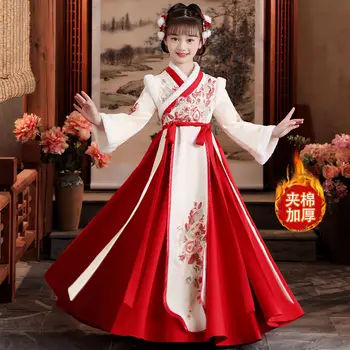 Rdeča Hanfu Obleko za Deklice, Starodavne Kitajske Tradicionalne Krasen Kitajski Slog Vezenega Dolžina Tal Dekleta Pozimi Obleko