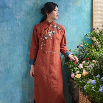 Kitajski slog vezenje qipao ženski cheongsam izboljšano obleko jeseni, pozimi bombaž perilo Zgosti letnik elegantno qipao