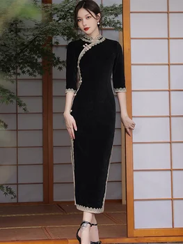 Ženske Black Dress Vintage Stilu Tradicionalne Kitajske Qipao Pol Rokav Ženiljska Spomladi Dolgo Obleko Debele Retro Cheongsam