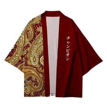 Moški Japonski Pismo Jopico Šal Tiskanja Preplete Kimono Indijska Trend Ulica Cvetje Pol Sleeve Majica