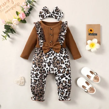 0-2-year-old newborn baby dekle spomladi in jeseni oddelek rjava flash gumb dolgo sleeved leopard tiskanja hlače srčkan onesie