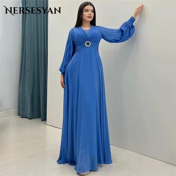 Nersesyan Modra Sodobne Šifon Formalno Večerne Črto Draped Stranke Obleke Puff Dolge Rokave Gub 2023 Vestidos De Fiesta