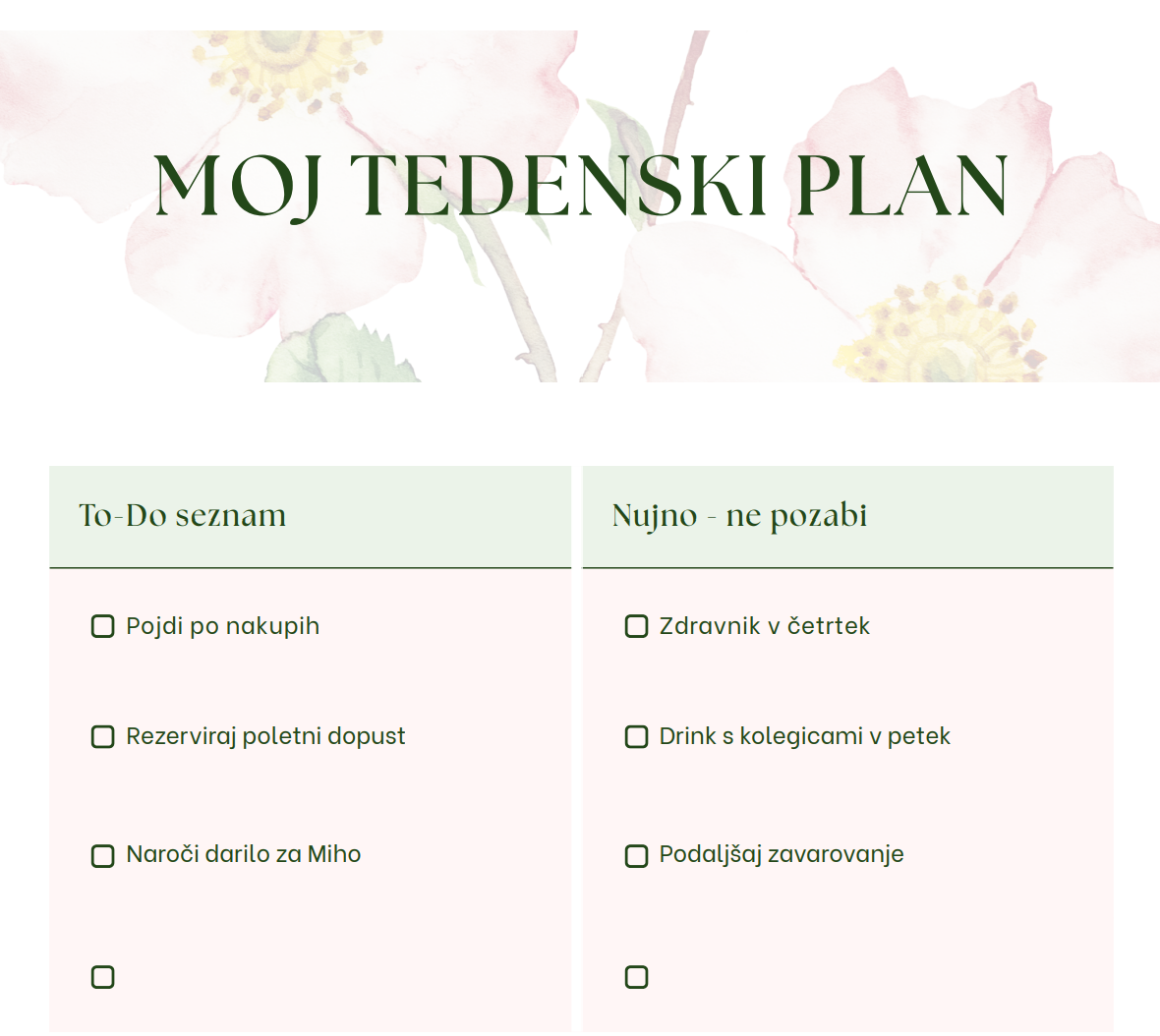 Brezplačen tedenski planer (PDF predloga)